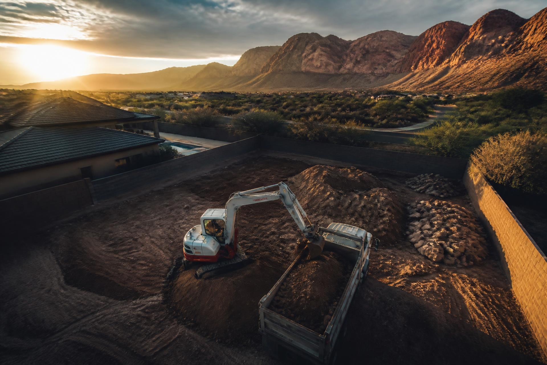 Excavation site in the Nevada desert at sunset